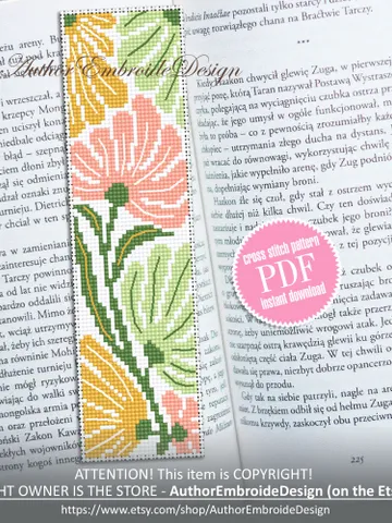 Abstract flowers bookmark cross stitch pattern PDF download Boho flowers cross stitch chart, Modern bookmark pattern digital PDF #B303 $4.40