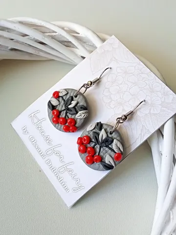 Red berries earrings & brooch/Rowan branch on a gray sky/Celebration gift for womens/Autumn Party Holiday earrings $39.00