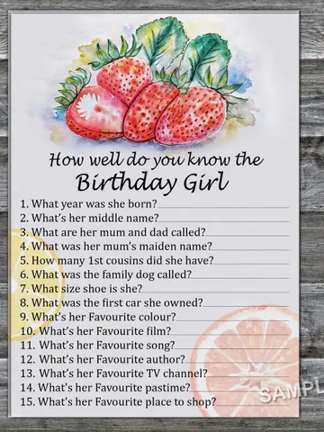 Strawberry How well do you know the birthday girl,Adult Birthday party game-fun games for her-Instant download