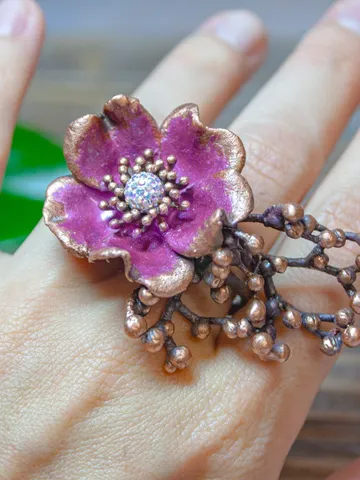 Unique handmade copper ring made from a real flower bud using the electroforming method, decorated with a Swarovski crystal $78.00