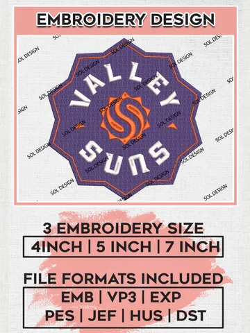 NBA Valley Suns Team Logo Embroidery Designs, NBA G League Team Embroidery Files, Basketball Machine Embroidery Designs, NBA Valley Suns Team Logo, Sport Machine Embroidery Design, Digital Download
