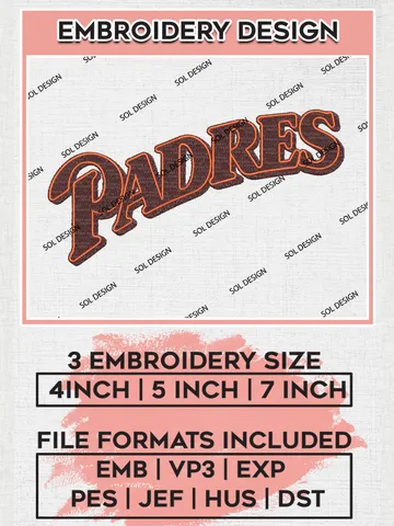 San Diego Padres Machine Embroidery Files, MLB San Diego Padres Team Embroidery Designs, MLB Teams, 3 sizes, MLB Machine embroidery designs, Digital Download