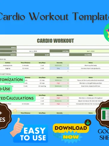 Cardio Workout Template, Editable Google Sheets, Digital Download for Fitness Progress & Endurance Tracking $6.86