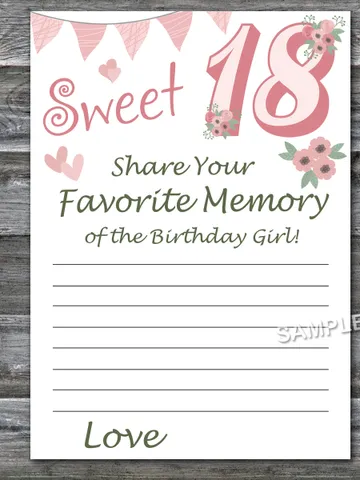 Sweet 18th Favorite Memory of the Birthday Girl,Adult Birthday party game printable-fun games for her-Instant download $1.50