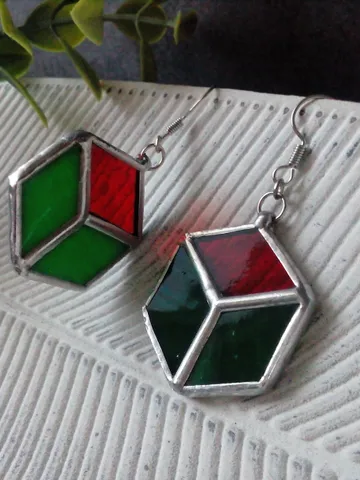 Cube earrrings, hexagon earrings, geometric earrrings, simple stained glass, green stained glass, honeycomb $35.00