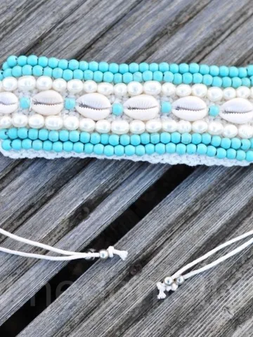 Wide shell crochet macrame handmade turqiose shell cowire tie bracelet, boho bohemian coachella hippie style crochet ble bracelet, macrame $27.00