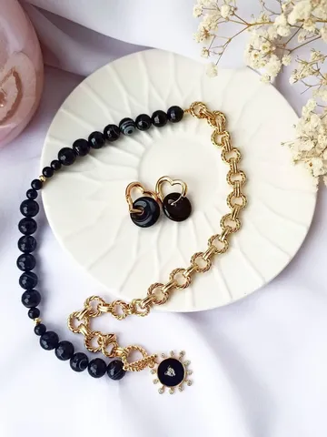 Set of Necklace and Kongo Earrings Faceted Agate Onyx Beads Gold Plated Brass and Cubic Zirkonia Chain Jewelry Gift for Woman Handmade Eco $107.99