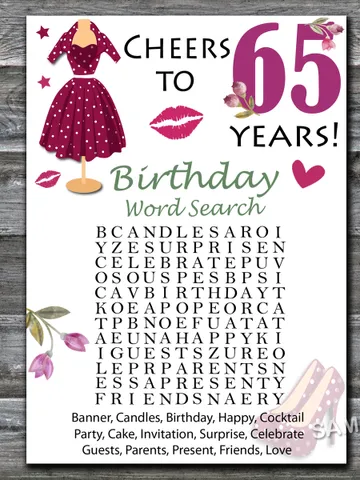65th Birthday Word Search Game,Adult Birthday party game-fun games for her-Instant download $1.75