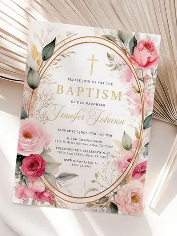 EDITABLE Floral Baptism Invitation, Printable Blush Pink & Gold Floral Template, Christening Digital Invite, Instant Download Canva template $7.00