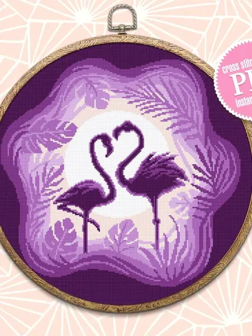 Flamingo cross stitch pattern download PDF, Purple cross stitch birds, Cute flamingo hand embroidery PDF, Tropical leaves cross stitch #L49 $4.60