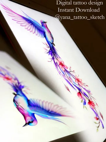 Flying Bird Tattoo Design Flowers And Bird Tattoo Stencil Idea Sketch, Instant download PDF, JPG