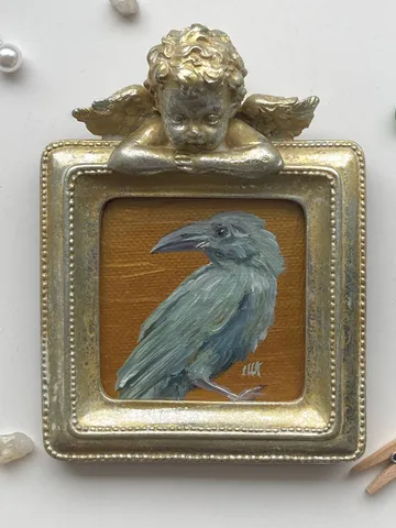 Framed Albino Raven Painting Small Original Witch’s Friend Artwork Crow Art Tiny Oil Painting Bird $86.00