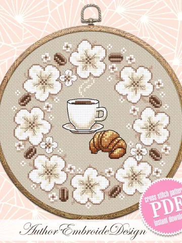 Cup of coffee cross stitch pattern PDF download Croissant cross stitch chart, Floral coffee pattern digital PDF, Flower wreath #F20 $4.50