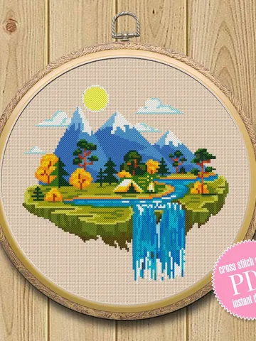 Nature Cross Stitch Pattern Modern Download PDF, Landscape Embroidery, Adventure Awaits, Tent Campfire Cross Stitch, Instant PDF #L5 $4.50