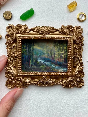 Small Landscape Painting Framed Original Enchanted Forest Painting Antique Misty Art Coastal Gold Frame Tiny Paintings 3 x 4 Art Dark Cottagecore artwork