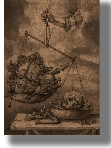 Allegory of Vanity. On the scales of God, death is heavier than symbols of power. $21.00