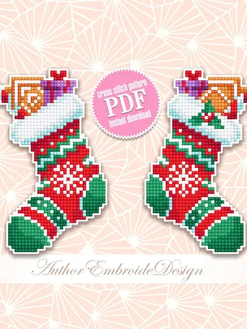 Christmas sock cross stitch pattern PDF download Double-sided Christmas tree decor for plastic canvas, Stockings cross stitch chart #N131 $3.60