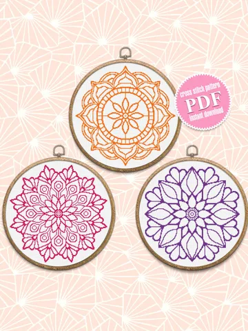 Mandala set cross stitch pattern download PDF, Monochrome embroidery PDF, Floral ornament cross stitch chart, Easy mandala digital PDF #S34 $12.00