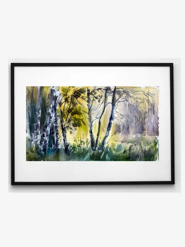 Watercolor landscape painting birchhes forest art