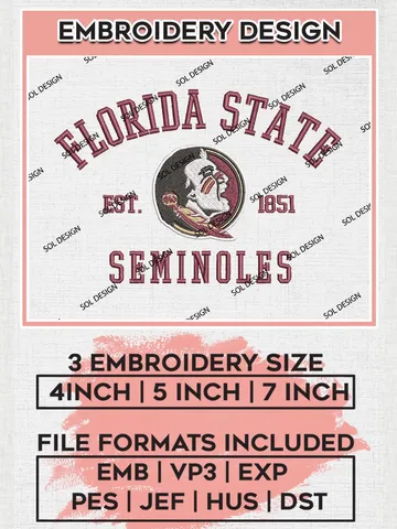 Florida State Seminoles Est 1851 Embroidery Designs, NCAA Florida State Seminoles Team Embroidery, NCAA Team Logo, 3 sizes, Machine embroidery Files, Digital Download $6.99