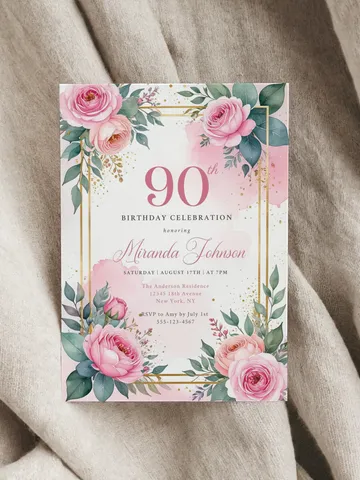 90th Birthday Invitation for Women – Pastel Dusty Pink Floral & Gold, Elegant Printable Party Invite for Grandma or Mom, Canva Template $7.00