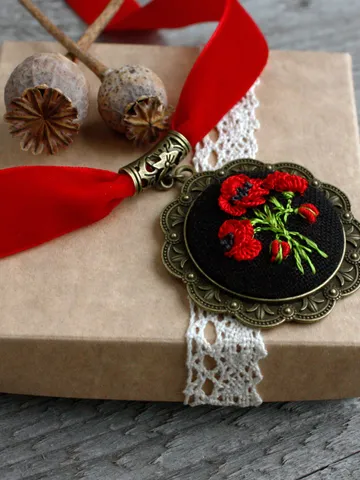 Ukrainian thick red velvet statement choker with pendant Folk poppy necklace for namysto Handmade red black Ukraine necklace wildflowers $49.00