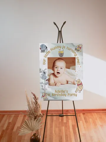 PhotoFrame Board Winnie the Pooh Birthday Party; Winnie Pooh 1st Birthday Editable Photo frame Banner Birthday Party Decoration Winnie Wpg15 $11.62