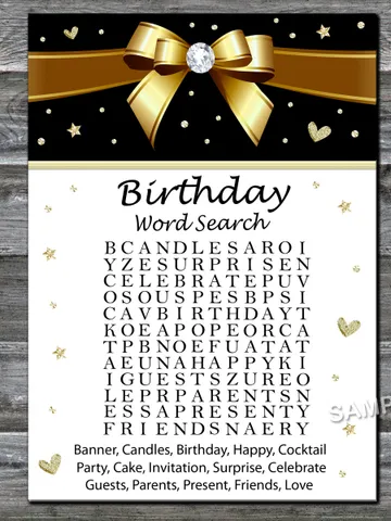 Golden bow Birthday Word Search Game,Adult Birthday party game-fun games for her-Instant download $1.75