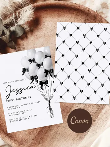 Editable Black & White Bow Balloon Birthday Invitation - Custom Canva Template, First Birthday Party Invite - WB211 $7.00