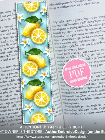 Bookmark lemon cross stitch pattern download PDF Unique bookmarks for women Fruit cross stitch Digital bookmark pattern Book lover gift #B53 $4.40