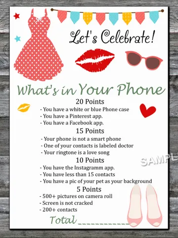 Ladies theme Birthday What's in Your Phone Birthday Party Game,Adult Birthday party game-fun games for her $1.75