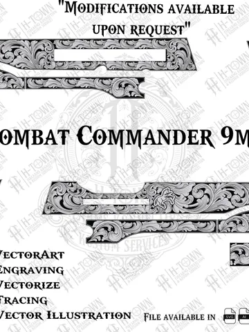 Combat Commander 9mm Scroll Engraving | Full Slide Vector Design | Laser Ready Svg PNG EPS AI | Custom Pistol Art