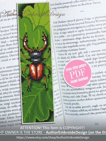 Stag beetle bookmark cross stitch pattern PDF download Bug cross stitch chart, Modern bookmark pattern digital PDF, Book lover gift #B284 $4.40
