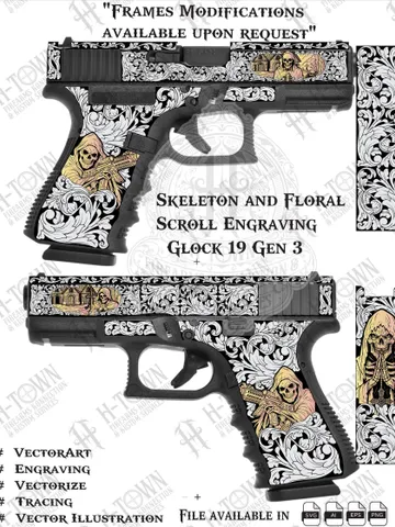 Custom Glock 19 Gen 3 Engraving Design | Skeleton Grim Reaper Floral Scroll | Vector SVG CNC File