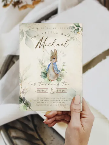 Peter Rabbit First Birthday Invite; Bunny Baby Birthday Invitation template; Our little bunny turning one; neutral bunny birthday invitation $12.78