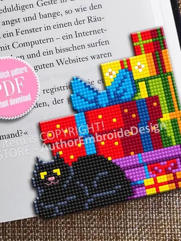 Christmas corner bookmark cross stitch pattern PDF download Christmas gift boxes and black cat cross stitch chart, Bookmark pattern #B389 $4.10