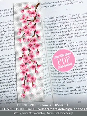 Sakura bookmark cross stitch pattern PDF download Spring cross stitch chart, Flower bookmark pattern digital PDF, Сherry blossom #B261 $4.40