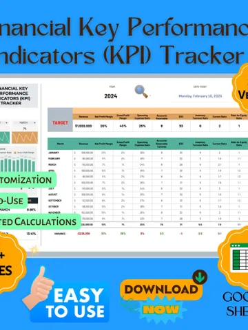 Financial KPI Tracker Template - Business Performance Dashboard & Key Metrics Spreadsheet for Google Sheets $7.90