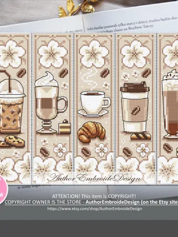 Coffee bookmark set cross stitch pattern PDF Coffee cross stitch chart, Bookmark pattern digital PDF Coffee lover gift, Coffee dessert #B379 $17.45