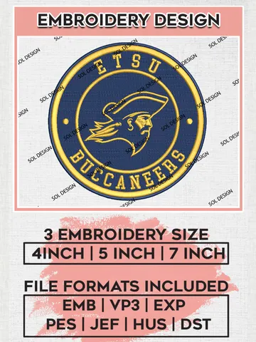 NCAA East Tennessee State Buccaneers Round Logo Embroidery, NCAA East Tennessee State Buccaneers Logo Embroidery files, NCAA Teams, Machine embroidery designs, Digital Download