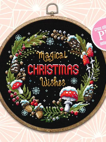 Christmas wreath cross stitch pattern download PDF Magic mushroom cross stitch chart, Holiday embroidery, Christmas pattern digital PDF #N66 $4.70