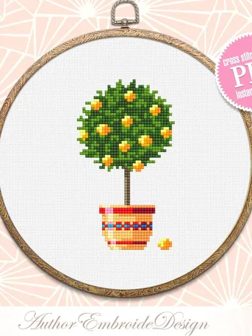 Lemon tree cross stitch pattern PDF download Potted plant cross stitch chart, Orange tree hand embroidery PDF, Tropical fruit citrus #P15 $2.70