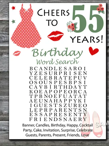 55th Birthday Word Search Game,Adult Birthday party game-fun games for her-Instant download