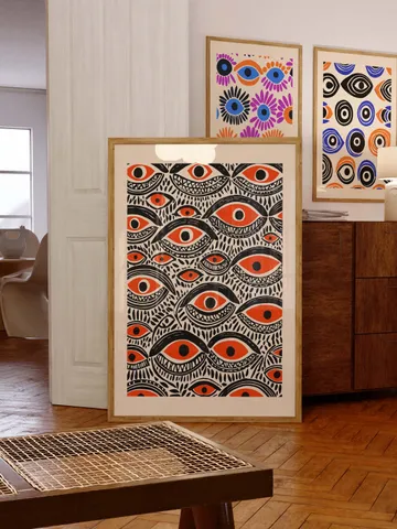 Bold Eye Wall Art, Psychedelic Eye Poster, Tribal Orange, Black Digital Print, Surreal Eye Illustration, Instant Download, crazy eyes art