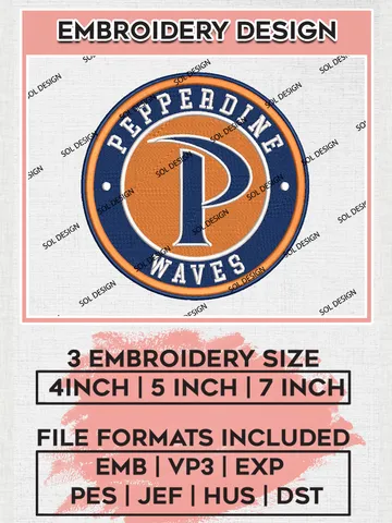 NCAA Pepperdine Waves Round Logo Embroidery, NCAA Pepperdine Waves Embroidery Design files, NCAA Teams, NCAA Machine embroidery designs, Digital Download
