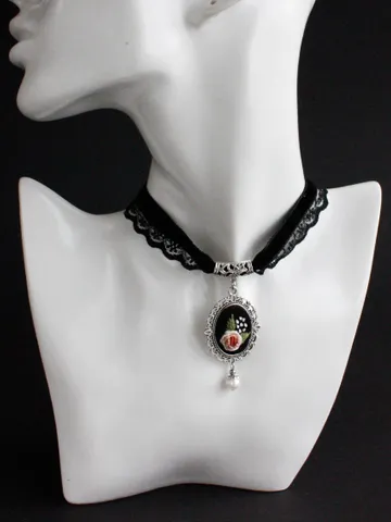 Black lace Victorian velvet ribbon choker with pendant Blush pink floral cameo necklace with rose and pearl Handmade royalcore jewelry
