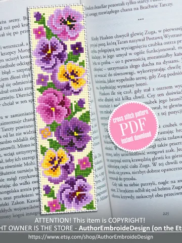 Flower bookmark cross stitch pattern PDF download Handmade bookmark digital PDF, Spring floral cross stitch chart Violet Pansy pattern #B207 $4.40