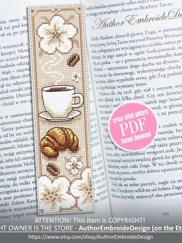 Coffee bookmark cross stitch pattern PDF download Coffee cup and croissant cross stitch chart Bookmark pattern digital PDF Coffee gift #B374 $4.40