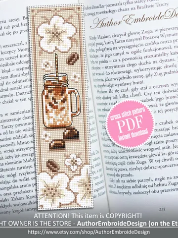 Coffee bookmark cross stitch pattern PDF download Coffee cross stitch chart, Bookmark pattern digital PDF, Iced coffee jar #B380 $4.40