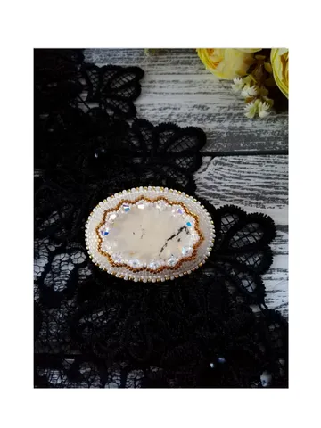 Bead Brooch with Cabochon , White gold beaded brooch, Retro Style $39.00